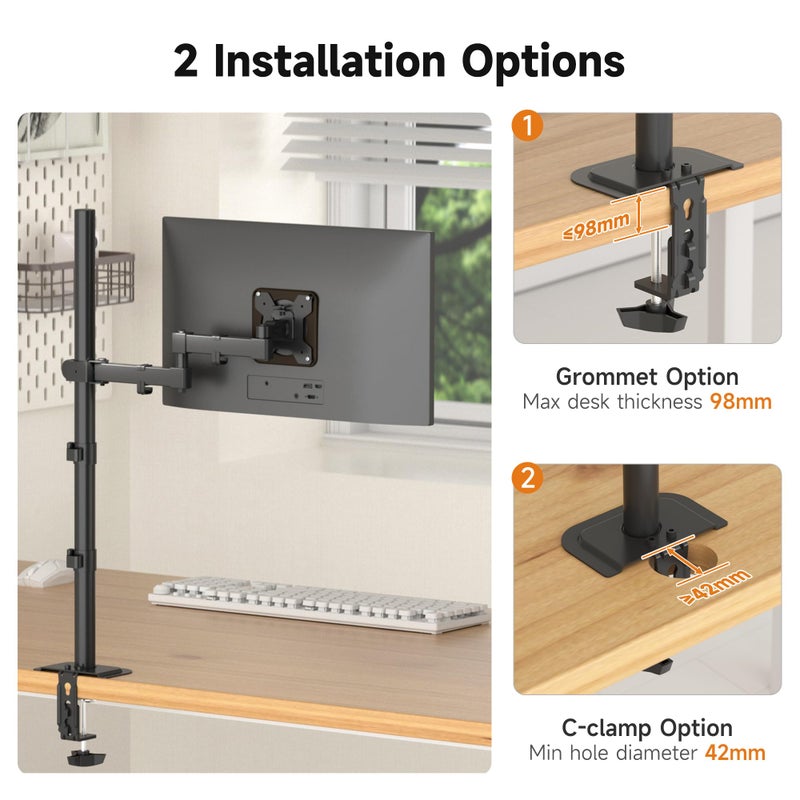 Bracwiser Single Fully Adjustable Standing Height Monitor Arm Stand Mount 800mm Tall for Monitor Computer Screen 13 15 17 19 20 22 23 24 26 27 30 32 inch VESA 75 100 (MD7821) - Image 4
